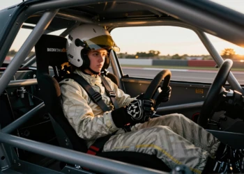 Alba Vázquez al volante de un coche de carreras de competición, con casco, traje ignífugo y arnés de cinco puntos