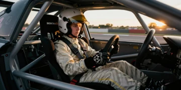 Alba Vázquez al volante de un coche de carreras de competición, con casco, traje ignífugo y arnés de cinco puntos
