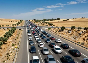 Vista aérea de una autopista española colapsada el 1 de agosto con vehículos de la DGT durante la Operación Verano
