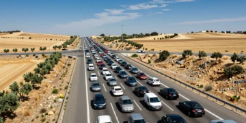 Vista aérea de una autopista española colapsada el 1 de agosto con vehículos de la DGT durante la Operación Verano