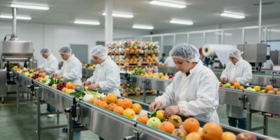 Trabajadores en planta procesadora de alimentos en Murcia supervisando cintas transportadoras con frutas y verduras envasadas