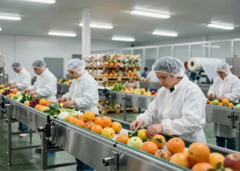 Trabajadores en planta procesadora de alimentos en Murcia supervisando cintas transportadoras con frutas y verduras envasadas