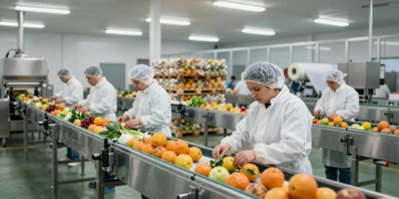 Trabajadores en planta procesadora de alimentos en Murcia supervisando cintas transportadoras con frutas y verduras envasadas