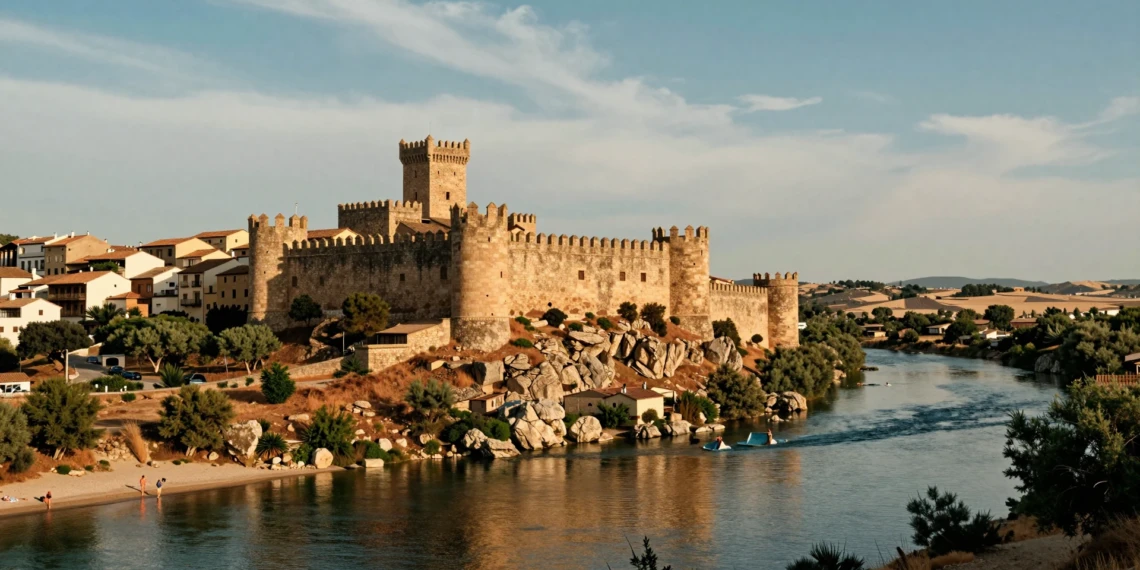 Castillo medieval de Alarcón sobre el promontorio rocoso con el embalse del río Júcar y una playa interior al pie