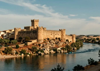 Castillo medieval de Alarcón sobre el promontorio rocoso con el embalse del río Júcar y una playa interior al pie