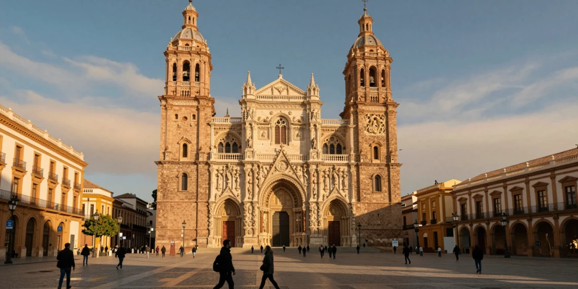 Plaza del Cardenal Belluga en Murcia con la Catedral de Santa María al atardecer y peatones cruzando los adoquines