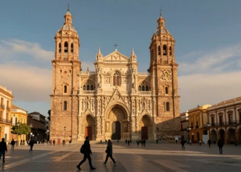 Plaza del Cardenal Belluga en Murcia con la Catedral de Santa María al atardecer y peatones cruzando los adoquines