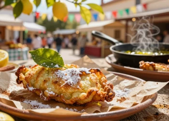 Paparajote murciano frito con hoja de limonero, masa dorada y azúcar glas en festival de primavera