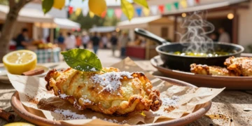 Paparajote murciano frito con hoja de limonero, masa dorada y azúcar glas en festival de primavera