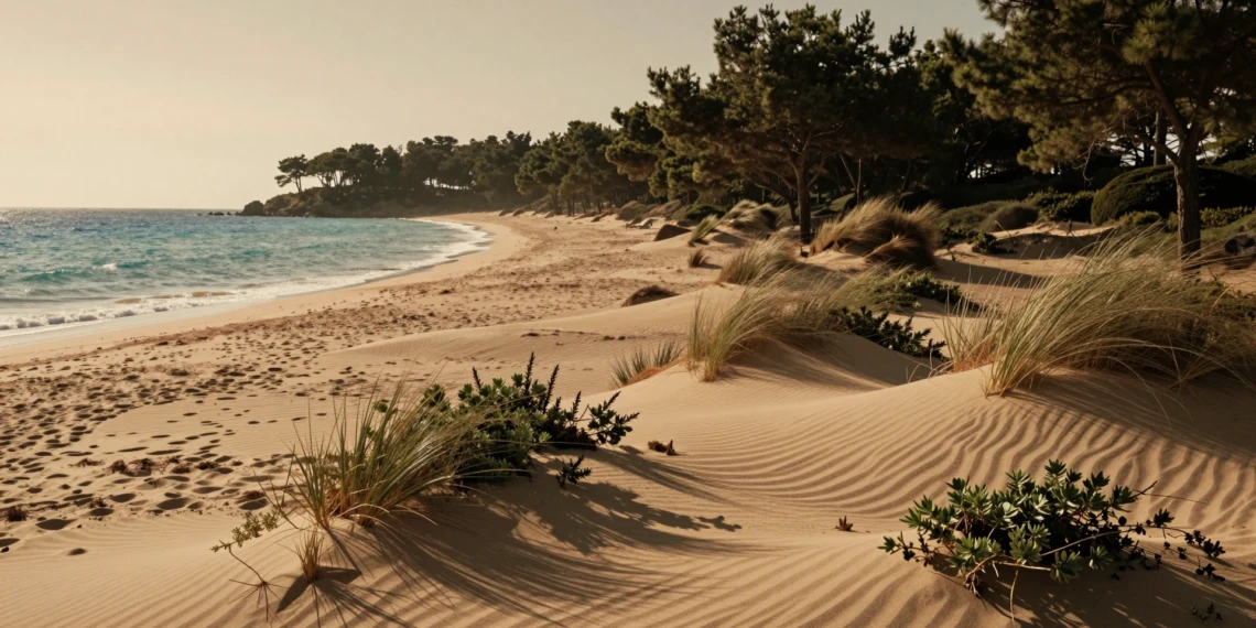 Playa de Les Ortigues en Guardamar del Segura con dunas vivas, pinada centenaria y aguas mediterráneas al atardecer