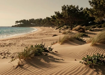 Playa de Les Ortigues en Guardamar del Segura con dunas vivas, pinada centenaria y aguas mediterráneas al atardecer