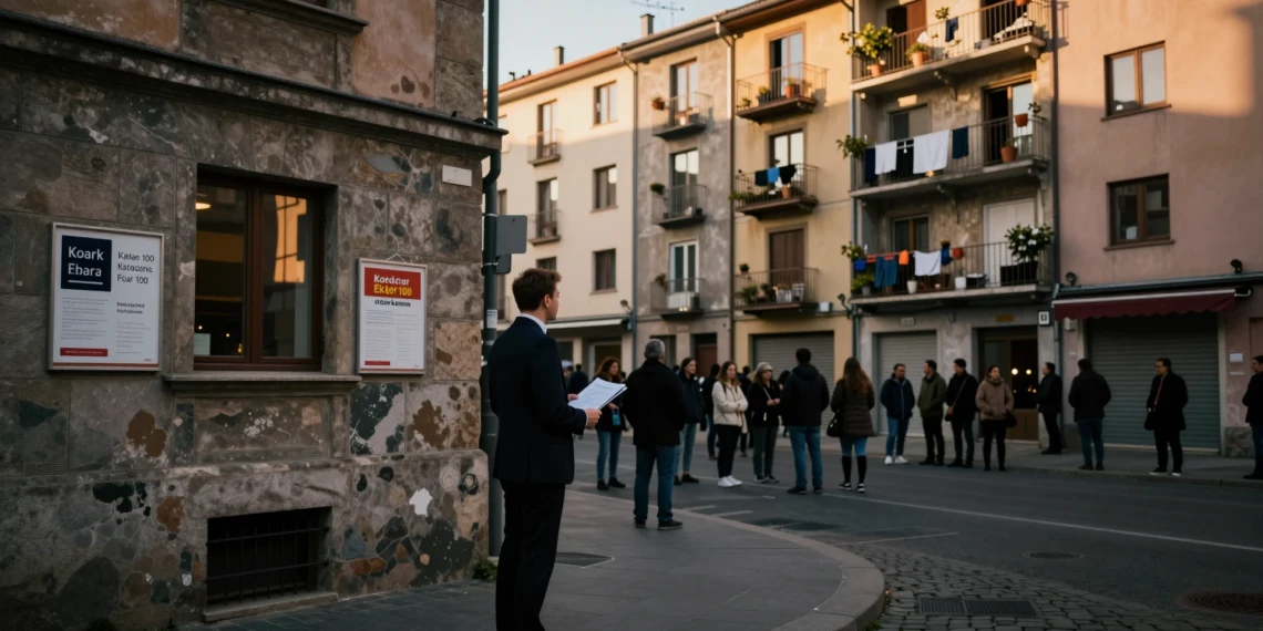 Funcionario municipal frente a edificio con apartamentos turísticos en zona residencial europea al atardecer