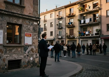 Funcionario municipal frente a edificio con apartamentos turísticos en zona residencial europea al atardecer
