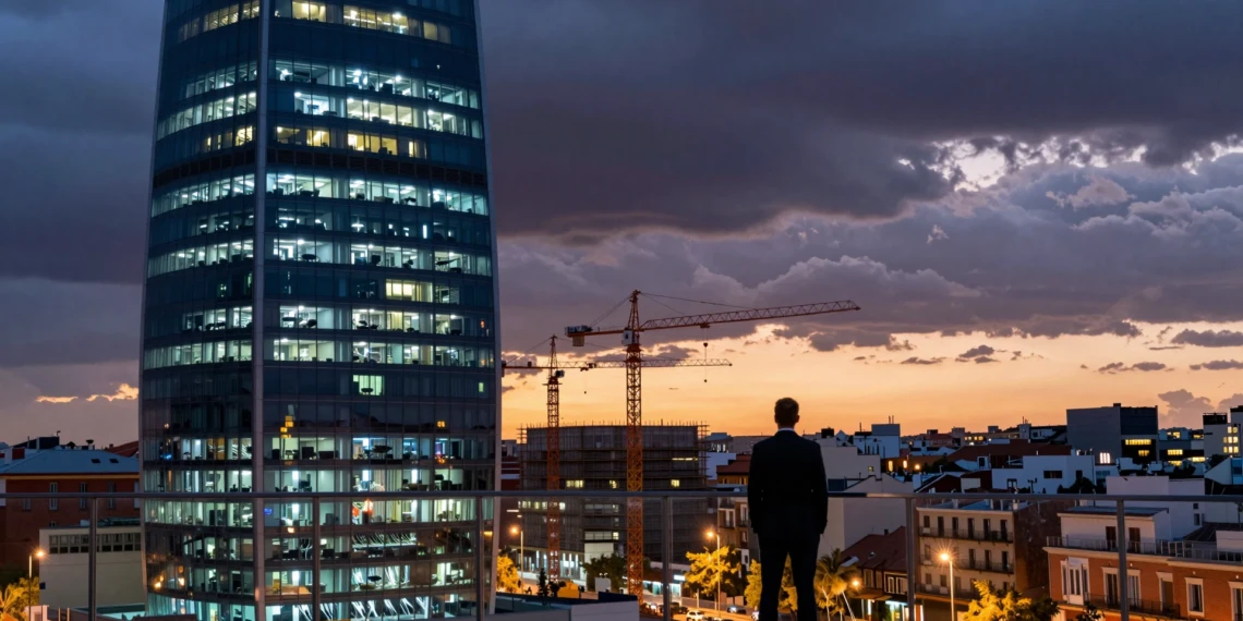 Ejecutivo frente al skyline de Madrid al atardecer con un centro de datos moderno y grúas bajo nubes de tormenta