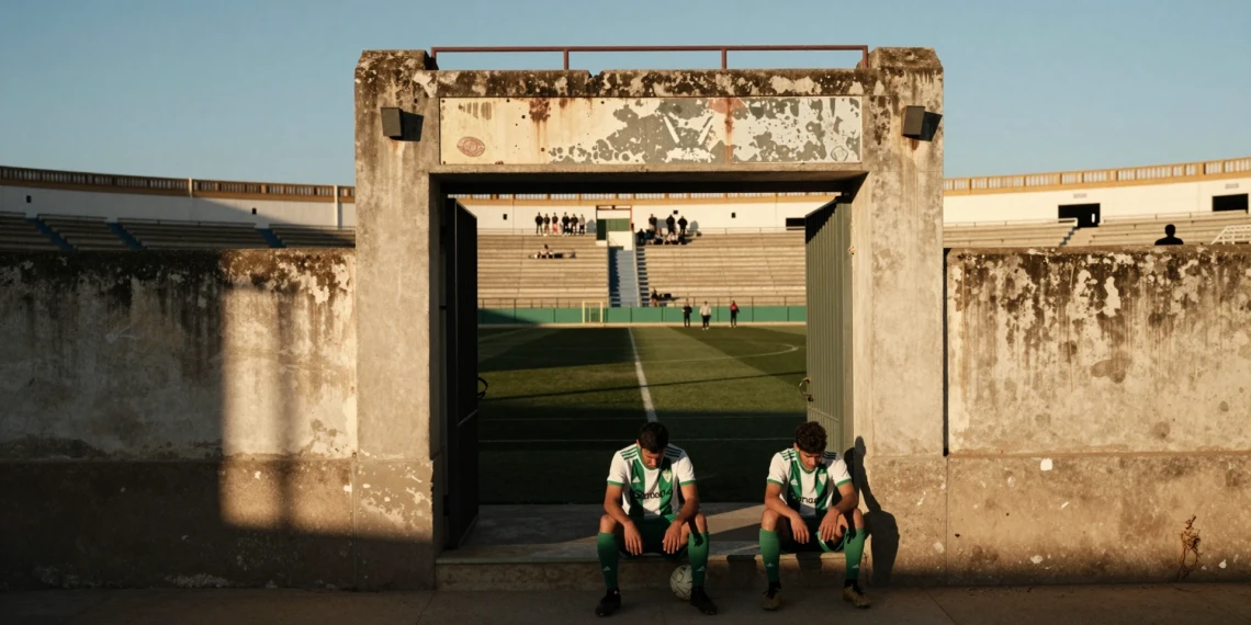 Jugador del Córdoba CF sentado en las gradas de un estadio andaluz al atardecer, con jersey blanco y verde