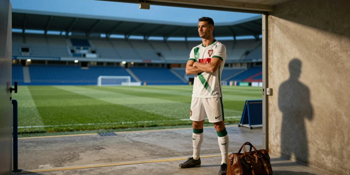 Defensor portugués Nélson Monte en el túnel del estadio del Córdoba CF con equipación blanca y verde al atardecer