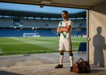 Defensor portugués Nélson Monte en el túnel del estadio del Córdoba CF con equipación blanca y verde al atardecer