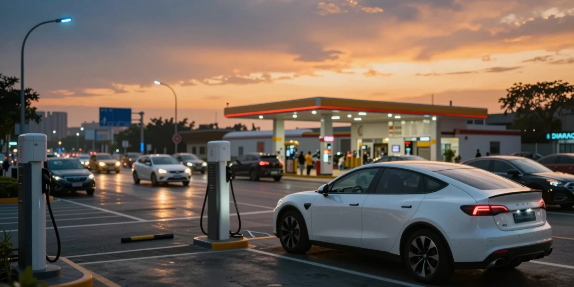 Vehículo eléctrico blanco cargando en ciudad moderna al atardecer, con gasolinera borrosa al fondo