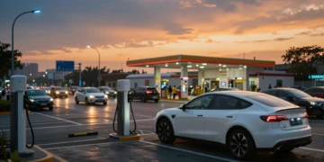 Vehículo eléctrico blanco cargando en ciudad moderna al atardecer, con gasolinera borrosa al fondo