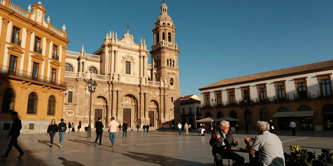 Plaza del Cardenal Belluga de Murcia con la catedral barroca y el Palacio Episcopal al atardecer