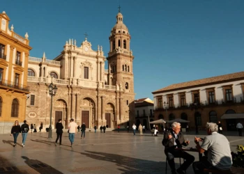 Plaza del Cardenal Belluga de Murcia con la catedral barroca y el Palacio Episcopal al atardecer