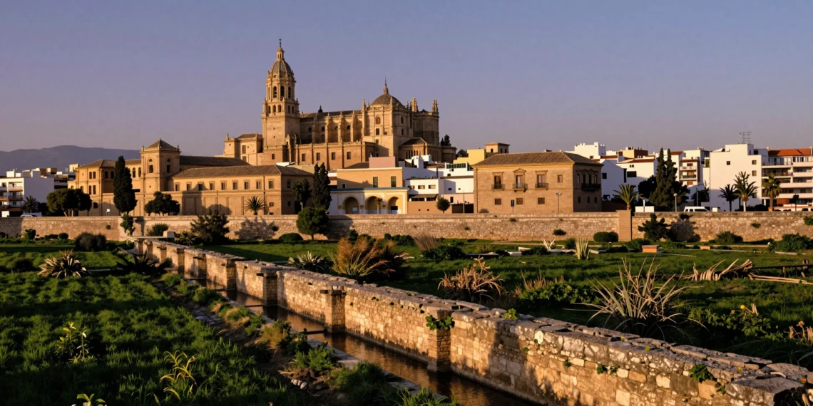 Catedral de Murcia al atardecer junto al Río Segura con acequias árabes medievales y huerta verde en primer plano