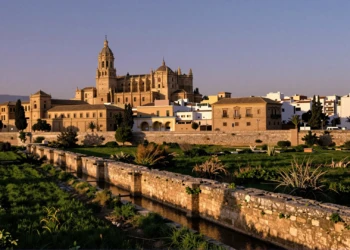 Catedral de Murcia al atardecer junto al Río Segura con acequias árabes medievales y huerta verde en primer plano