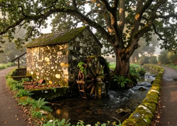 Molino de piedra cubierto de musgo junto a un río gallego, rodeado de robles y helechos en un sendero forestal