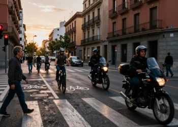 Intersección urbana española con peatón, ciclista y motorista en paso de cebra bajo semáforo en rojo al atardecer