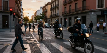 Intersección urbana española con peatón, ciclista y motorista en paso de cebra bajo semáforo en rojo al atardecer