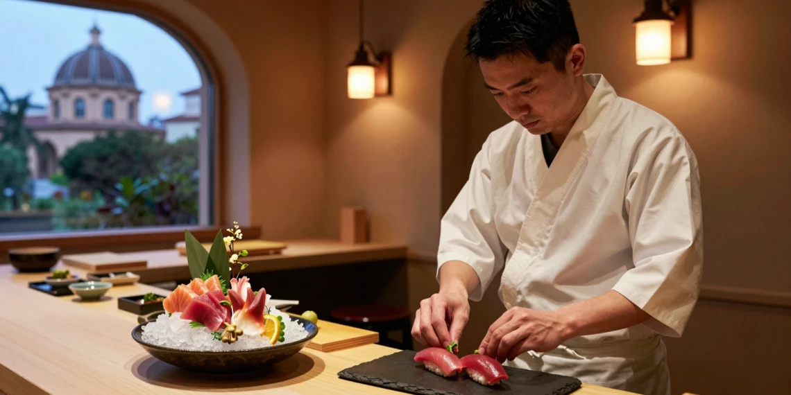 Chef japonés colocando un nigiri de atún rojo sobre pizarra en restaurante japonés con decoración mediterránea en Murcia