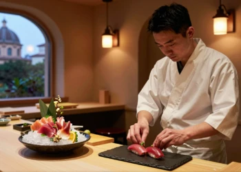 Chef japonés colocando un nigiri de atún rojo sobre pizarra en restaurante japonés con decoración mediterránea en Murcia