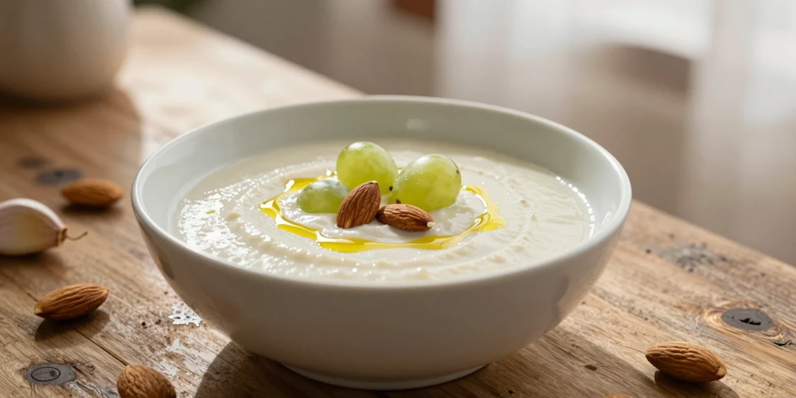 Tazón de ajoblanco andaluz con almendras Marcona, uvas verdes y aceite de oliva virgen extra sobre mesa de madera rústica