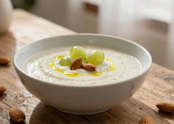 Tazón de ajoblanco andaluz con almendras Marcona, uvas verdes y aceite de oliva virgen extra sobre mesa de madera rústica