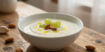 Tazón de ajoblanco andaluz con almendras Marcona, uvas verdes y aceite de oliva virgen extra sobre mesa de madera rústica