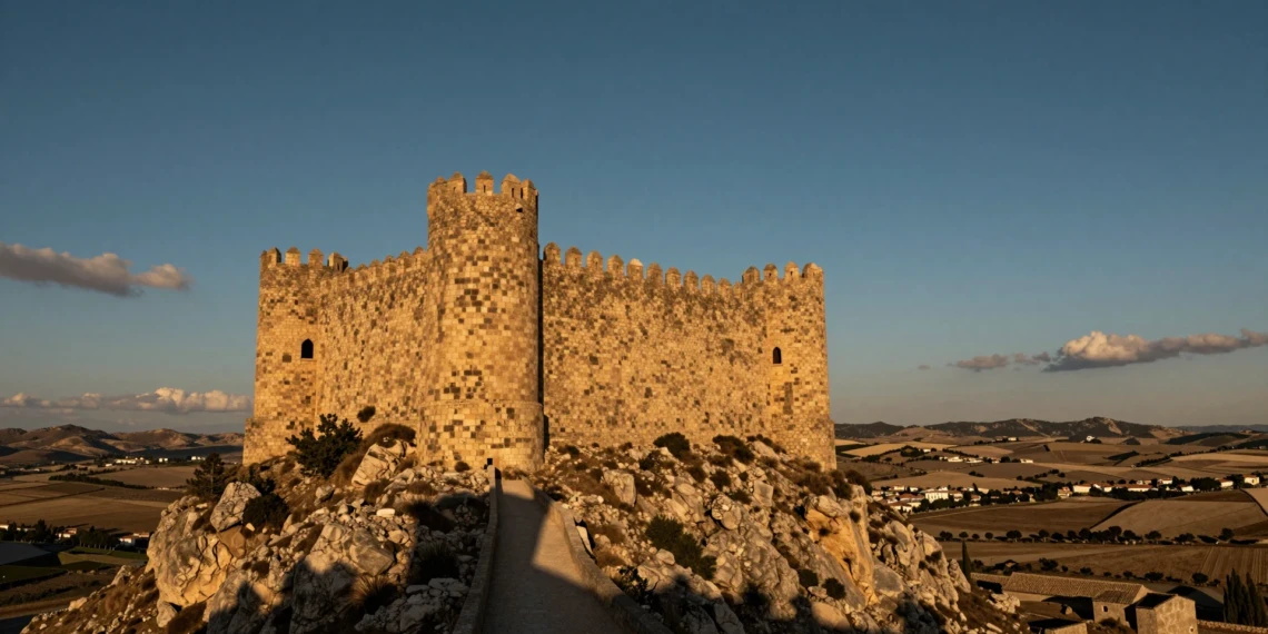 Castillo medieval de piedra dorada en lo alto de una colina árida de Murcia bajo un cielo azul cobalto al atardecer