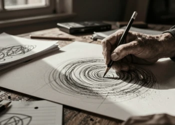 Manos de pintor español trazando una línea curva con lápiz de grafito sobre lienzo texturado en estudio íntimo con luz ámbar