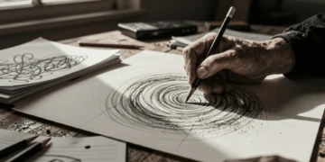 Manos de pintor español trazando una línea curva con lápiz de grafito sobre lienzo texturado en estudio íntimo con luz ámbar