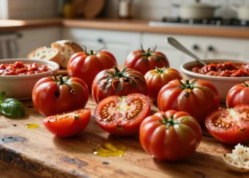 Tomates de verano maduros e imperfectos sobre mesa de madera rústica con salmorejo, salsa de tomate, pan y albahaca