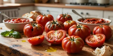 Tomates de verano maduros e imperfectos sobre mesa de madera rústica con salmorejo, salsa de tomate, pan y albahaca