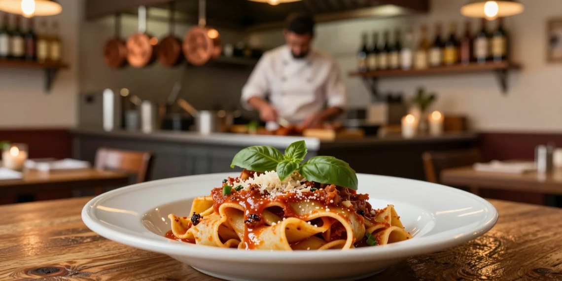 Plato de tagliatelle artesanal con ragù, albahaca y parmesano en restaurante italiano estilo trattoria en Murcia