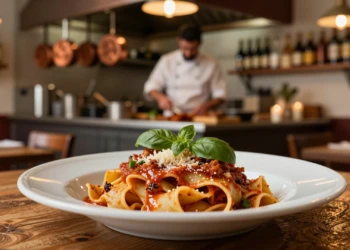 Plato de tagliatelle artesanal con ragù, albahaca y parmesano en restaurante italiano estilo trattoria en Murcia