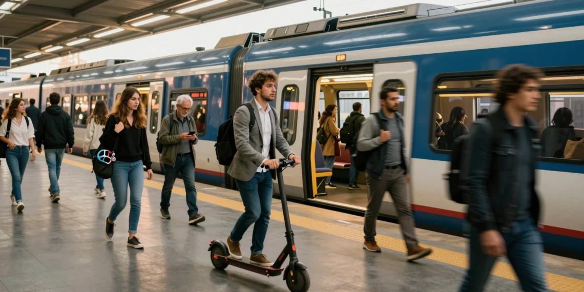 Viajero plegando un patinete eléctrico al subir a un tren Renfe Cercanías en hora punta