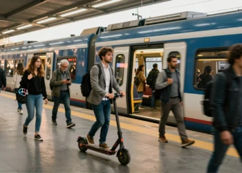 Viajero plegando un patinete eléctrico al subir a un tren Renfe Cercanías en hora punta