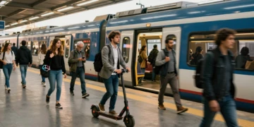 Viajero plegando un patinete eléctrico al subir a un tren Renfe Cercanías en hora punta