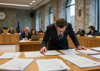 Funcionario español revisa documentos europeos bajo un reloj a punto de marcar medianoche, simbolizando el plazo de fondos UE