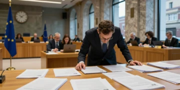 Funcionario español revisa documentos europeos bajo un reloj a punto de marcar medianoche, simbolizando el plazo de fondos UE