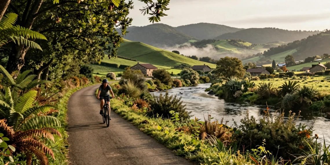 Ciclista en la Vía Verde del Besaya recorriendo un sendero verde junto al río en Cantabria, España