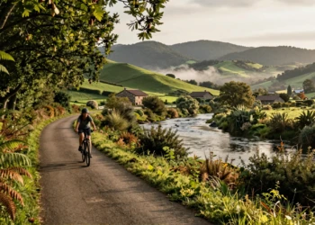Ciclista en la Vía Verde del Besaya recorriendo un sendero verde junto al río en Cantabria, España