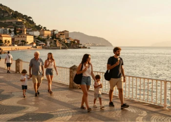 Paseo marítimo español al atardecer con locales y turistas paseando junto al mar Mediterráneo en verano